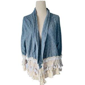 Zara Woman Kimono Womens S Small Open Jacket Boho Embroidered Tassel Trim Blue